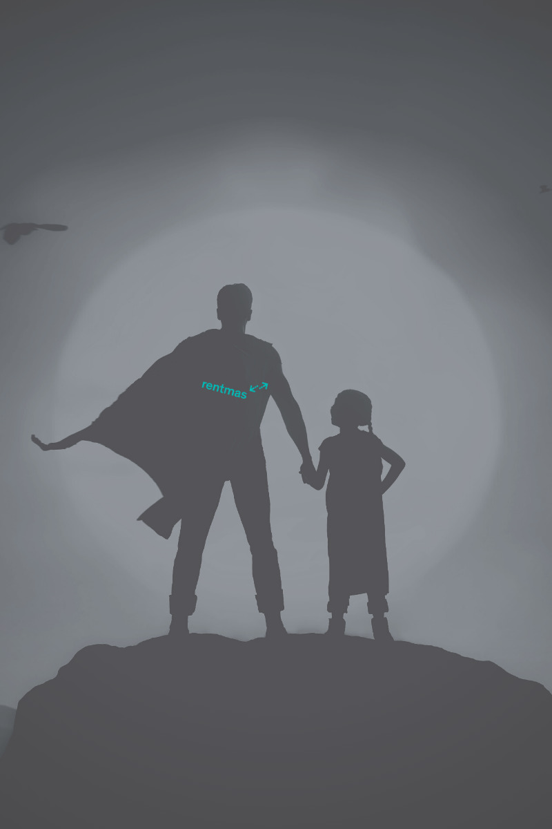A black and white silhouette design of a father and his daughter holding hands and looking toward the sun as it sets in front of them. The father is wearing a superhero cape that says 'rentmas', and the daughter is looking up at her father.