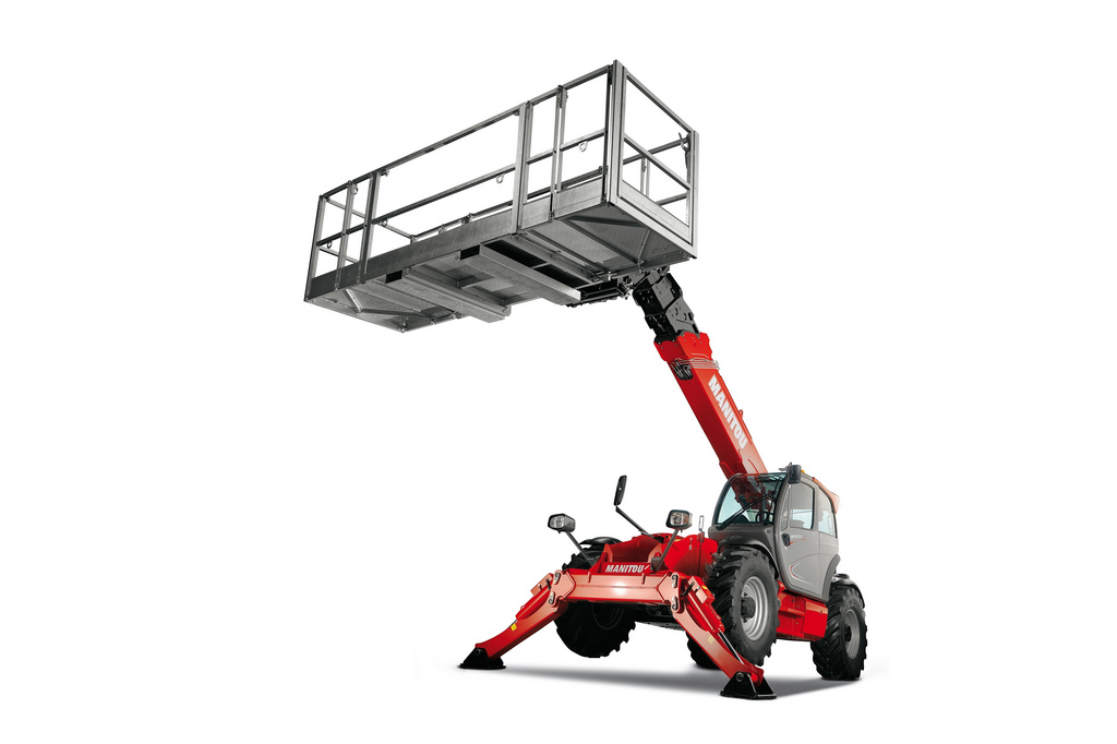 Picture of a red Manitou telehandler against a white background. The telehandler has its stabilizing legs extended, as well as its boom, which is equipped with a platform attachment.